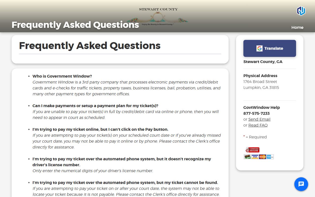 Stewart County traffic court records Government Window payment FAQ